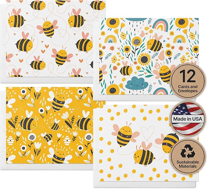 Twigs Paper - Assorted Bumble Bee Greeting Cards - Stationery Cards with Envelopes - Thank You Card - Blank Note Cards - Greeting Cards for All Occasions - Made in USA (5.5 x 4.25, Set of 12)