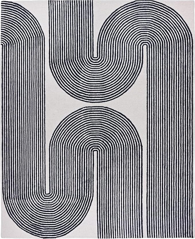 Modern Handmade Wool Area Rug, Abstract Curved Line Geometric Carpet for Living Room Bedroom, Contemporary Tufted Indoor Rug with Soft Pile and Cotton Backing (Ink, 5' x 7')