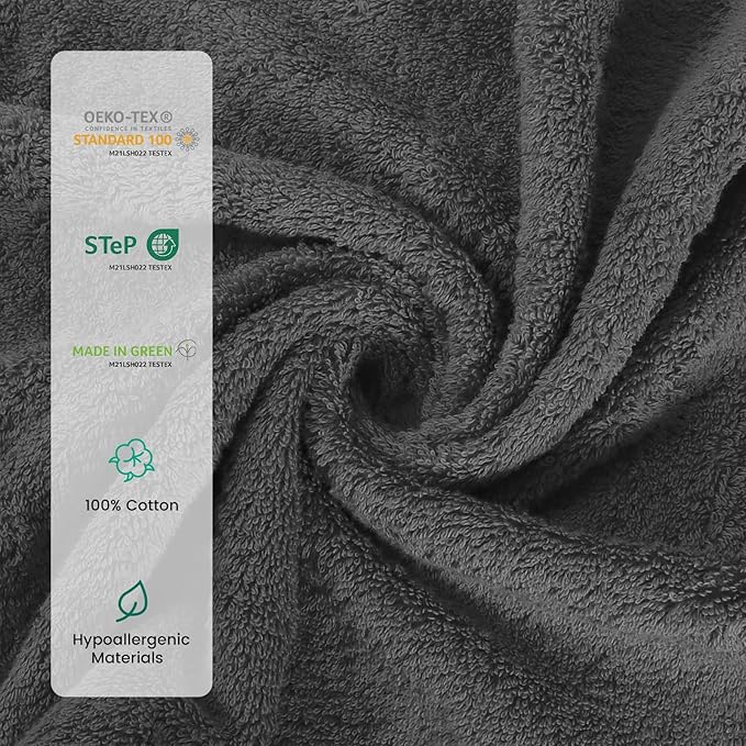 SEMAXE Bath Towel Set, 8 Piece Towel Set for Bathroom, Quick Dry Cotton Towels with Hanging Loops, Easy Care, Grey