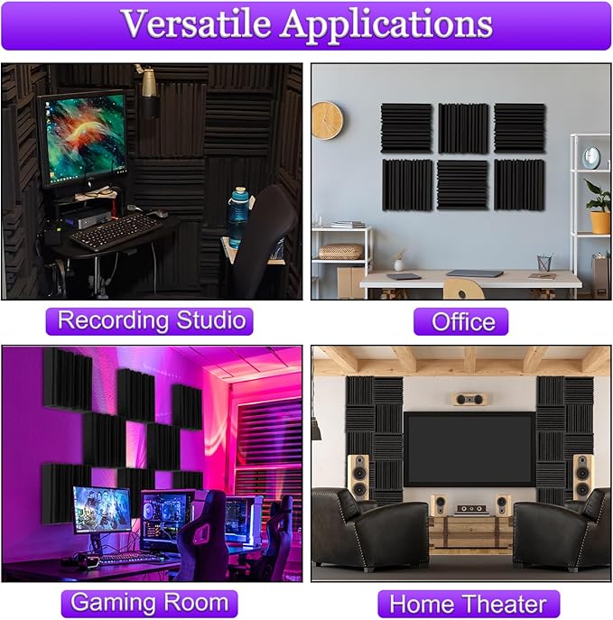 TroyStudio Self-adhesive Acoustic Foam Panels, 12 X 12 X 2 Inches 18 Pcs Broadband Sound Absorbing Foam, Dense Soundproof Padding Tile, Recording Studio Foam Absorber, Groove Decorative Wall Panel