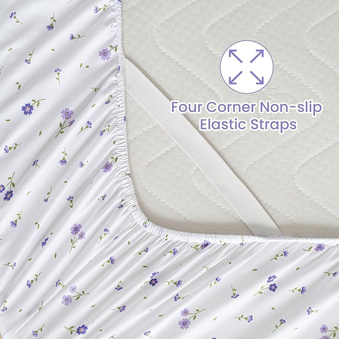 Softan Floral Full Sheet Set Purple Flower Printed Bed Sheets Double, Cozy Microfiber Patterned Fitted Sheets with 15" Deep Pocket & Non-Slip Straps, Cute Purple Sheets and Pillowcase Set