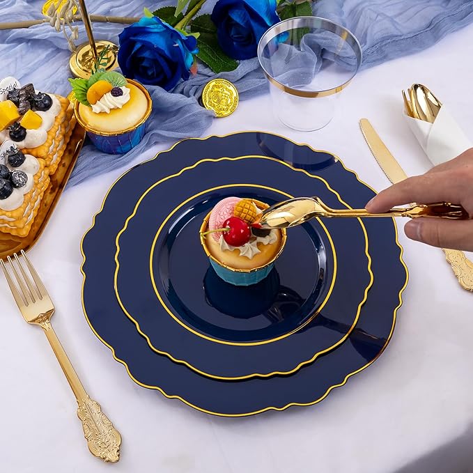 Liacere 350PCS Navy Blue Plastic Plates-Disposable Blue Gold Plates 50guest Plastic Dinnerware include 100Plates,50Pack Pre Rolled Napkins with Silverware 50Cups for Christmas ＆ Hanukkah