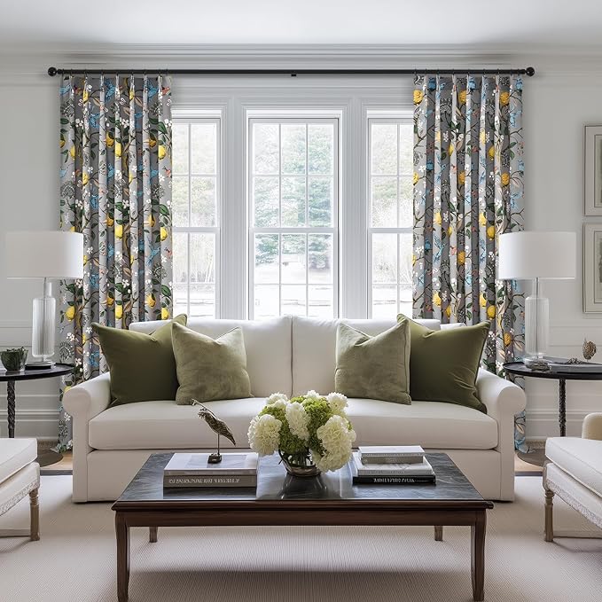 Floral Grey Pinch Pleated Blackout Curtains,Mid Century Botanical Printed Curtains 96 Inches Long for Living Room Bedroom,Vintage Floral Lemon Hummingbird Colorful Drapes, 2 Panels