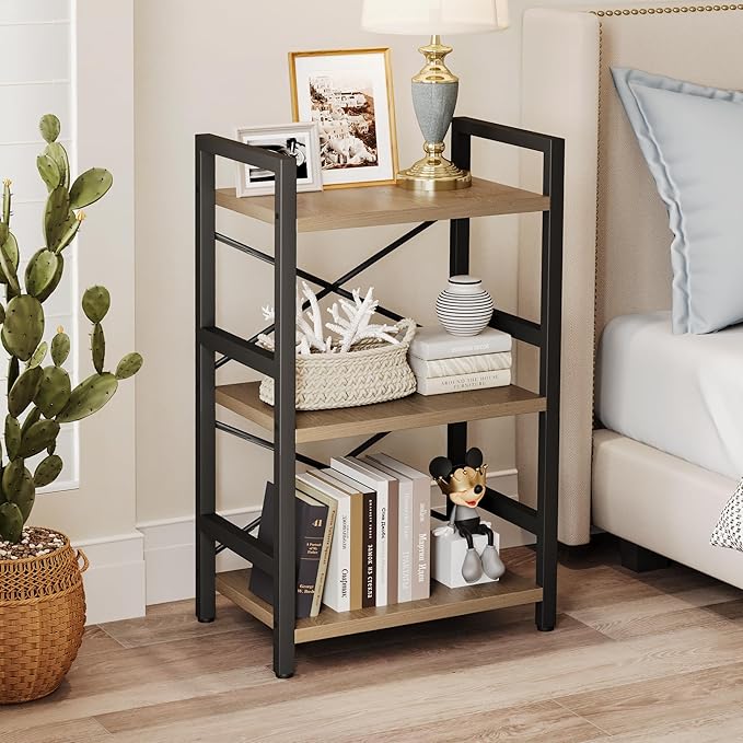 Homeiju Bookshelf, 3 Tier Industrial Bookcase, Metal Small Bookcase, Rustic Etagere Book Shelf Storage Organizer for Living Room, Bedroom, and Home Office(Light Coffee) Patent Pending D29873033
