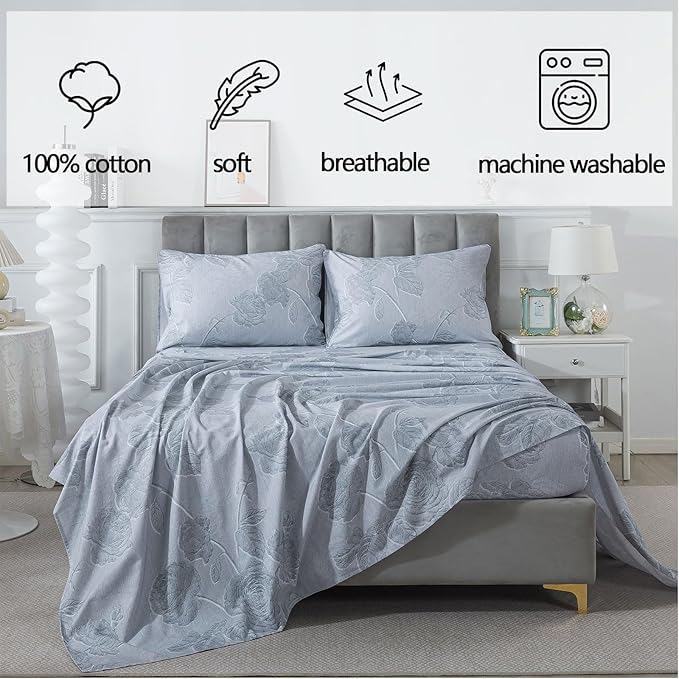 FADFAY Grey Vintage Floral King Size Sheets Set 100% Brushed Cotton Shabby Rose Flower Pattern Bedding Set Deep Pocket Sheets with 2 Pillowcases Luxury Breathable Soft 4pcs, King Size