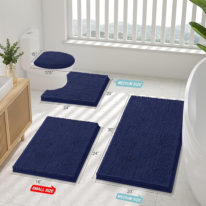 Smiry Luxury Chenille Bathroom Rugs 47x20, Extra Soft and Absorbent Shaggy Bath Mat, Machine Washable, Non-Slip Plush Carpet Runner for Tub, Shower, and Floor, Home Decor Accessories, Navy Blue