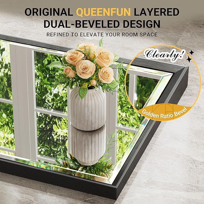 48 x 30 Black Framed Mirror for Bathroom, Beveled Black Bathroom Vanity Mirror Anti-Rust, Shatterproof Matte Black Rectangle Metal Frame Mirror, Vertical/Horizontal Large Wall-Mounted Mirrors