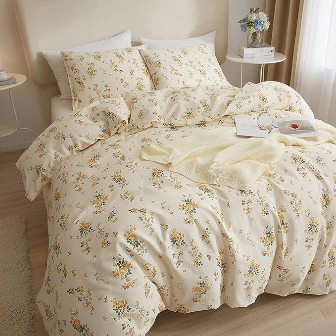 LifeTB Bed Linen Set, Queen Botanical Floral Duvet Cover Set with 2 Pillowcases, 100% Cotton, Zipper Closure, 90x90in