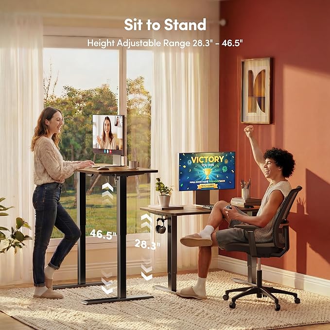 FEZIBO Standing Desk, 55×28 Inches Electric Height Adjustable, Sit Stand Up, Computer Office Desk with Splice Board, Black Frame/Rustic Brown TOP