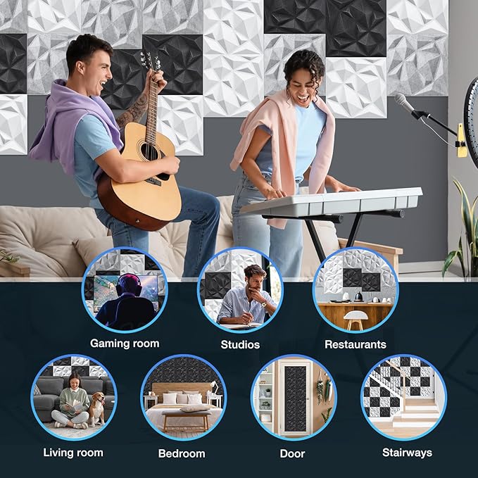 Acoustic 3D Wall Panels,24 Pack Sound Proof Felt Panels for Interior Wall Décor, Hollow Sound Absorbing Panel for Studio, Living Room, Home, Hotel, 12''x12'' Cover 24 sq ft (Black, 24 Pack)