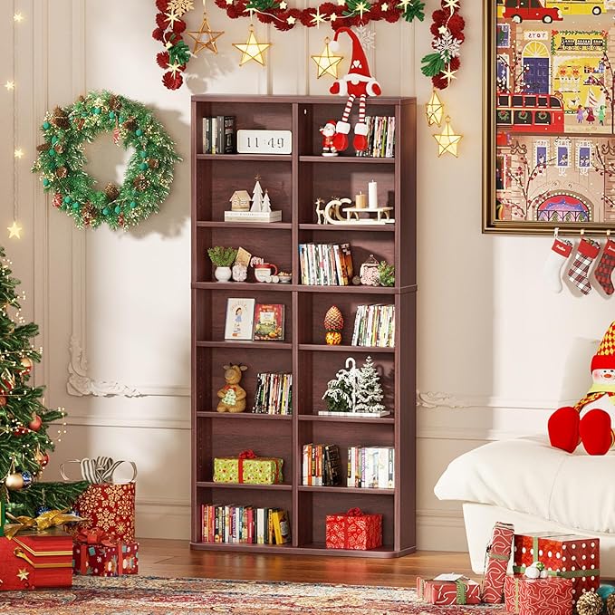 LELELINKY 7 Tier Tall Display Cabinet, Walnut Media Storage Cabinet with Adjustable Shelves, Free Standing DVD Organizer Shelf, Floor Multimedia Storage Manga Bookshelf for Living Room & Home Office.