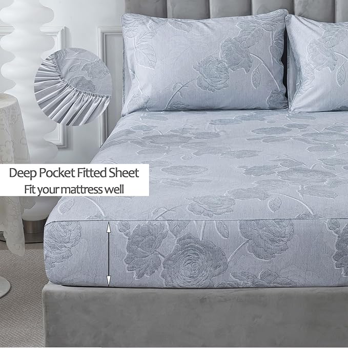 FADFAY Grey Vintage Floral Queen Size Sheets Set 100% Brushed Cotton Shabby Rose Flower Pattern Bedding Set Deep Pocket Sheets with 2 Pillowcases Luxury Breathable Soft 4pcs, Queen Size