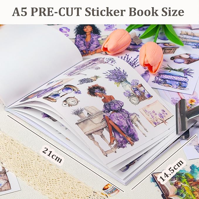 Snycler Sticker Book - 20 Sheets Vintage PET Stickers for Scrapbooking, Junk Journaling, Ephemera, and Decorative Crafts-Song of Lavender