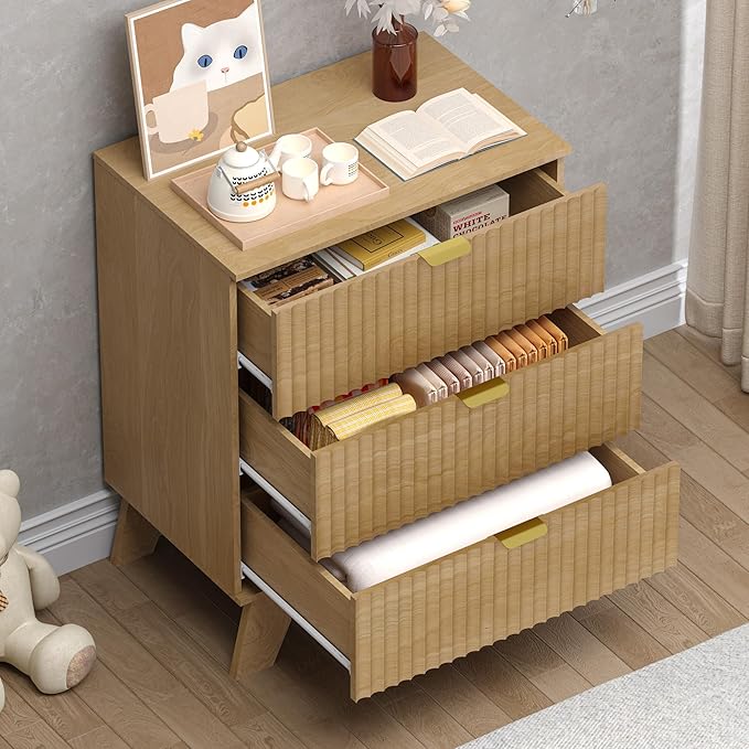 BORNOON Fluted 3 Drawer Dresser, 30.3" Tall Compact Modern Boho Chest of Drawers, Wooden Storage Cabinet for Bedroom, Living Room, Entryway, Curved Profile Design