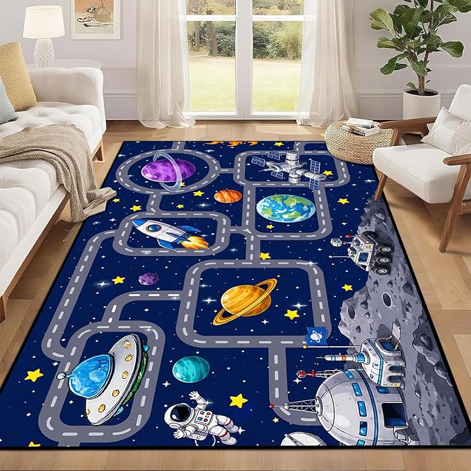 Outer Space Rug Astronaut Road Map Area Rug for Entryway Bedroom Living Room Nursery Kitchen Playroom Home Decor Washable Educational Floor Mat Galaxy Themed Carpet,2'x3'