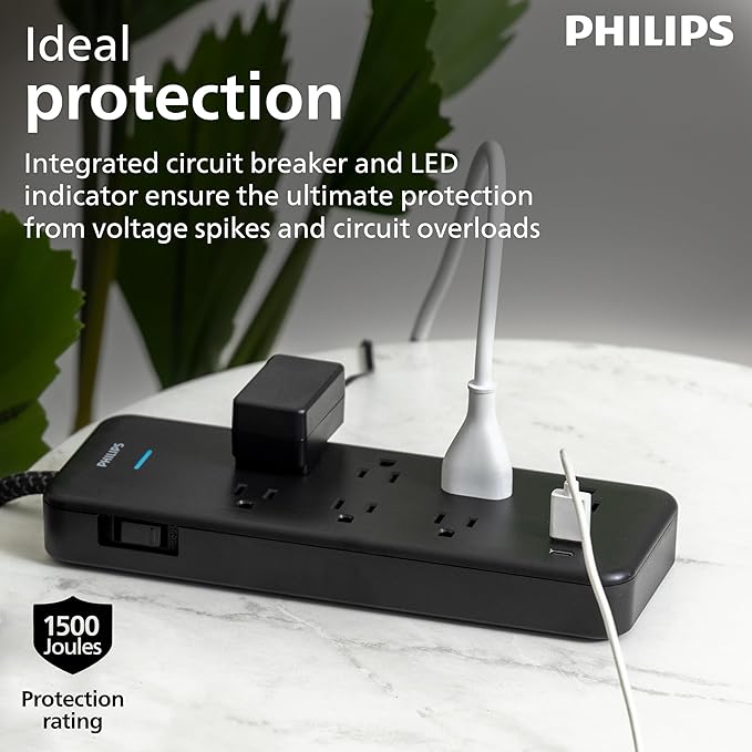Philips 7-Outlet Surge Protector Power Strip with USB, 1 USB-A, 1 USB-C, 6 Ft Braided Extension Cord, Mutli Plug Outlet Extender, Adapter-Spaced, Charging Station, 15W, 1500 Joules, Black, SPP3703B/37