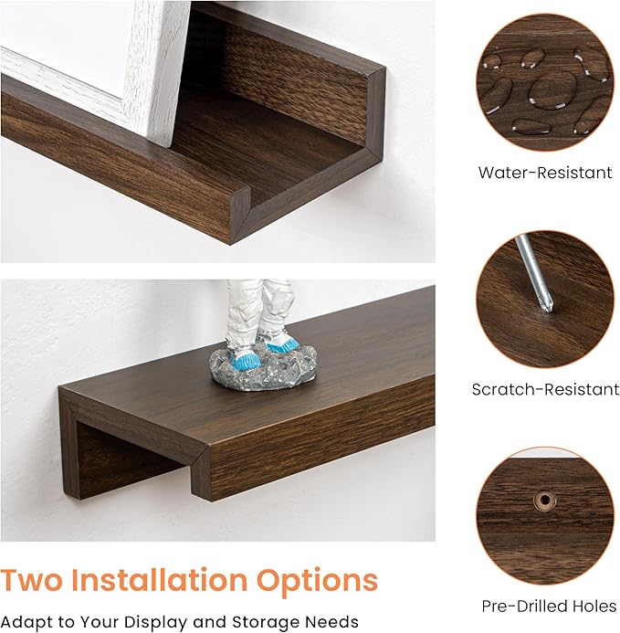 RICHFOCUS Picture Ledge Shelf, 55 inch Floating Shelves Set of 2, Wood Wall Shelves with Lip, Wall Decor Storage for Bedroom Living Room Bathroom Kitchen Nursery Photo Picture, Walnut