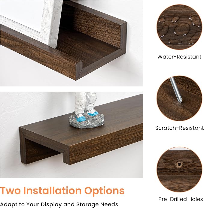 RICHFOCUS Picture Ledge Shelf, 36 inch Floating Shelves Set of 2, Wood Wall Shelves with Lip, Wall Decor Storage for Bedroom Living Room Bathroom Kitchen Nursery Photo Picture, Walnut