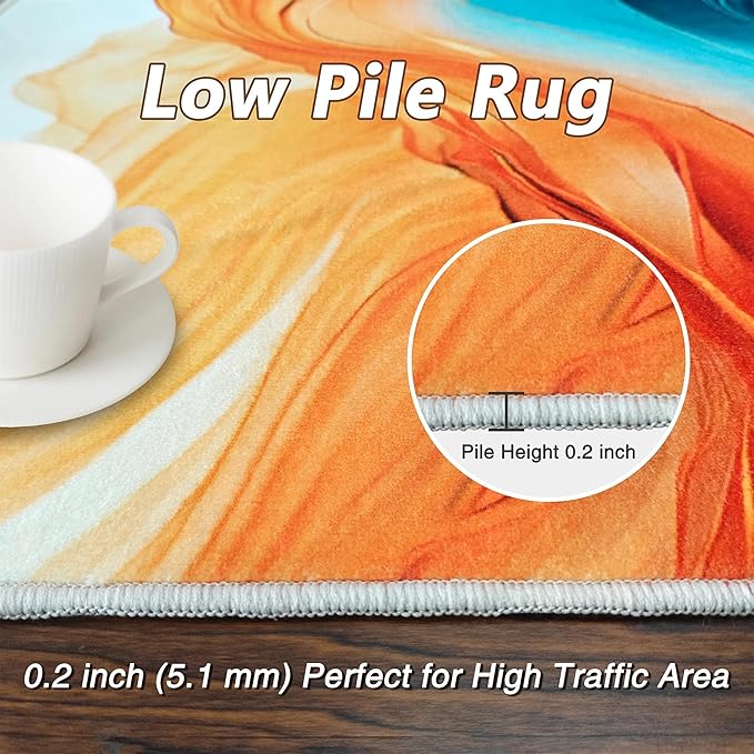 Orange Teal Kitchen Runner Rug 2'x6' Turquoise Orange Marble Non Slip Washable Decorative Rug Runner Carpet for Hallways Bedroom Bathroom Laundry