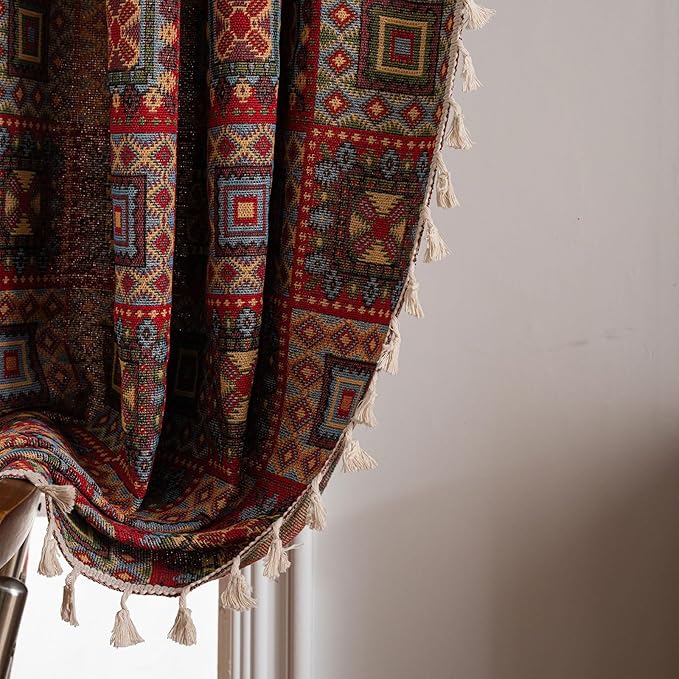 ENJOYBRIDAL Patchwork 63 Inch Curtains for Living Room Boho Drapes Bedroom Jacquard Bohemian Short Window Curtains 2 Panel Sets Semi Sheer Rod Pocket Red Cute Geometric Patterned Window Treatments