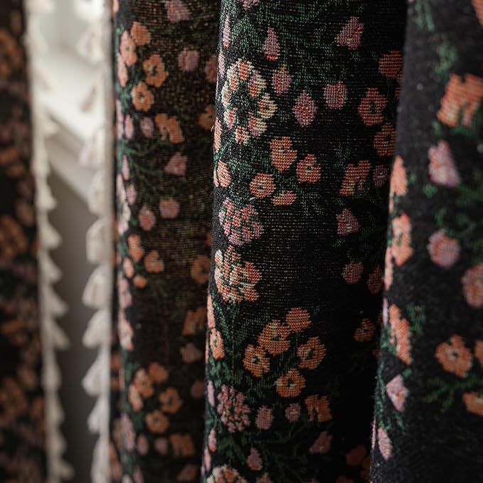 ENJOYBRIDAL Floral Curtains 84 Inch Length 2 Panels Boho Jacquard Drapes Black Cottagecore Living Room Semi Sheer Window Curtain Panels Farmhouse Bedroom Chic Decor Rod Pocket Tassel Window Treatments