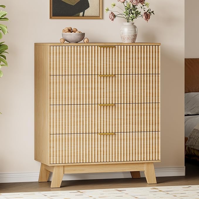 BORNOON 39" Tall Dresser for Bedroom, 4-Drawer Fluted Chest of Drawers, Modern Wood Highboy with Deep Storage, Metal Slides & Handles, Anti-Tip Kit, Vertical Clothes Organizer for Apartment, Nursery
