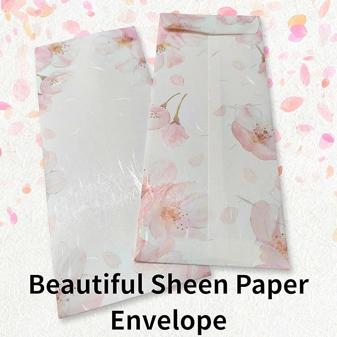 Japanese Cherry Blossom Envelopes 8 Pack, Made in Japan, (Light Pink), Elegant Washi Paper, Self Sealing, Sakura