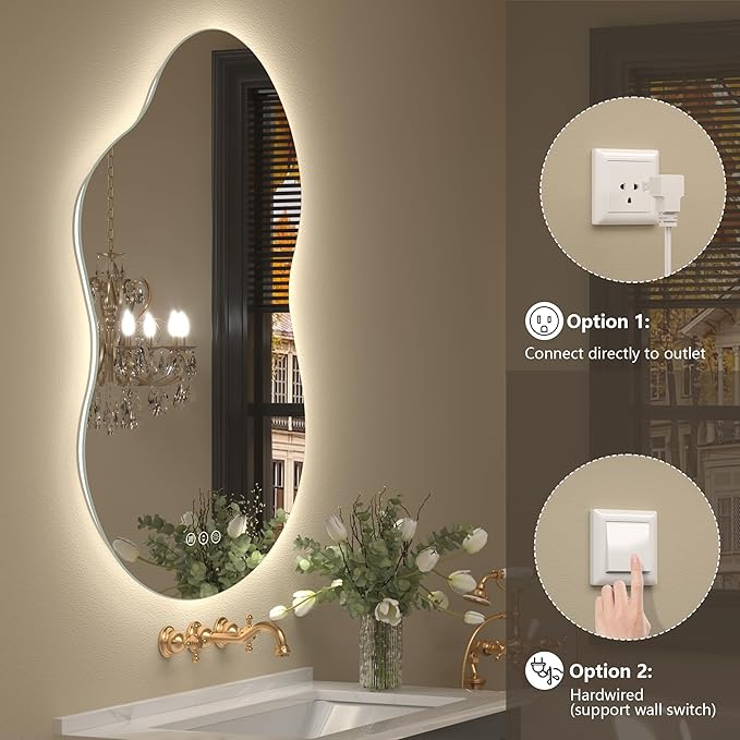 20x36 Inch Asymmetrical Backlit Bathroom Mirror with Lights, Irregular Cloud Led Lighted Vanity Mirror, Fogless, Dimmable, Memory, 3 Colors, Shatterproof (Horizontal/Vertical)