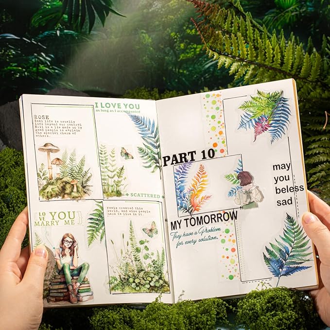 AuriicLeaf Fern Plant-Themed PET Sticker Set, 120Pcs Botanical Stickers for Scrapbooking, Journaling, Junk Journal Supplies, and DIY Crafts