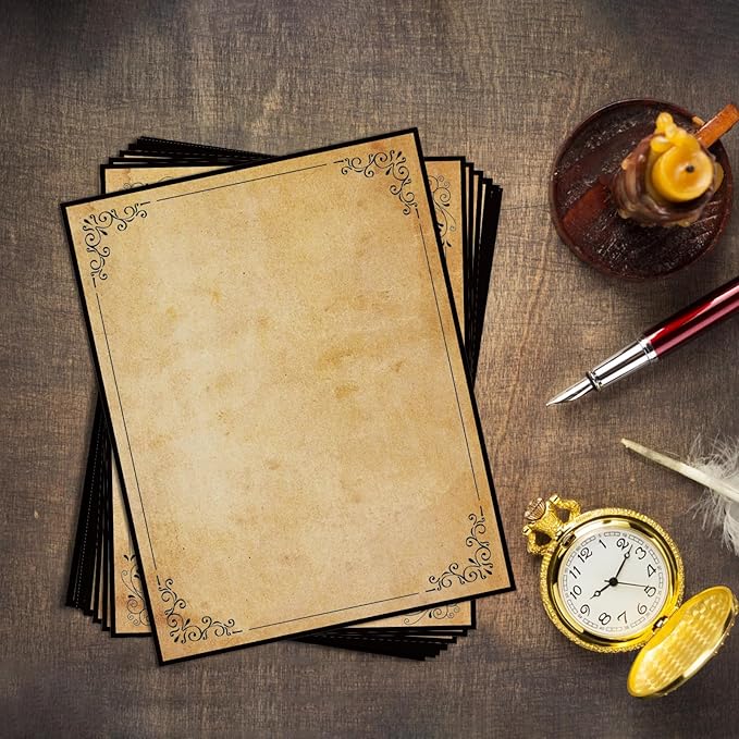 Tlenpo Stationery Vintage Antique Design Printing Writing Papers 8.5 x 11 in, 80 Sheets, Old Age Printer Papers, Retro Painted Border Letterhead, Double Sided Printing Paper, 8 Designs