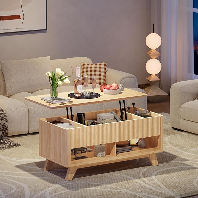 ONBRILL Farmhouse Lift Top Coffee Table, Mid Century Modern Coffee Table with Hidden Storage Compartment, Fluted Rising Pull up Wood Modern Center for Living Room, Office, Natural