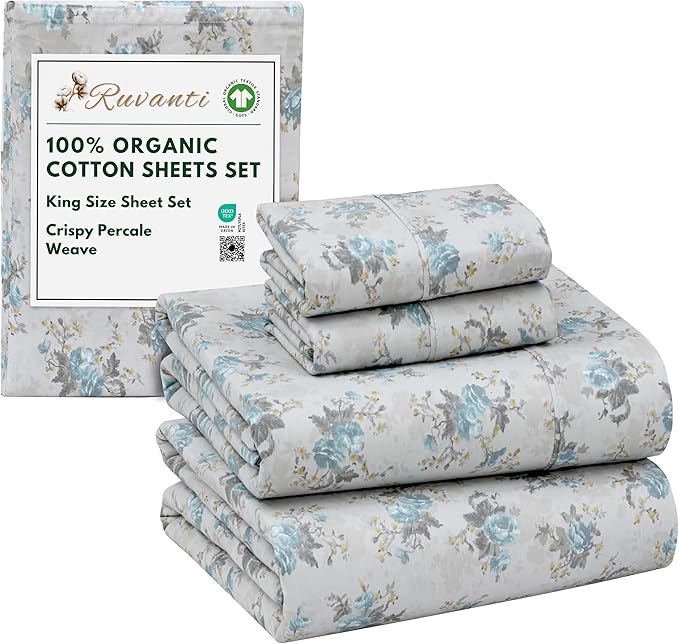 RUVANTI 100% Organic Cotton Sheets King Size, Percale Weave, GOTS Certified, 4-Piece Set, Deep Pocket 15", Crisp & Breathable, Soft Durable Bedding, Sábanas Algodón Orgánico – Blue Rose