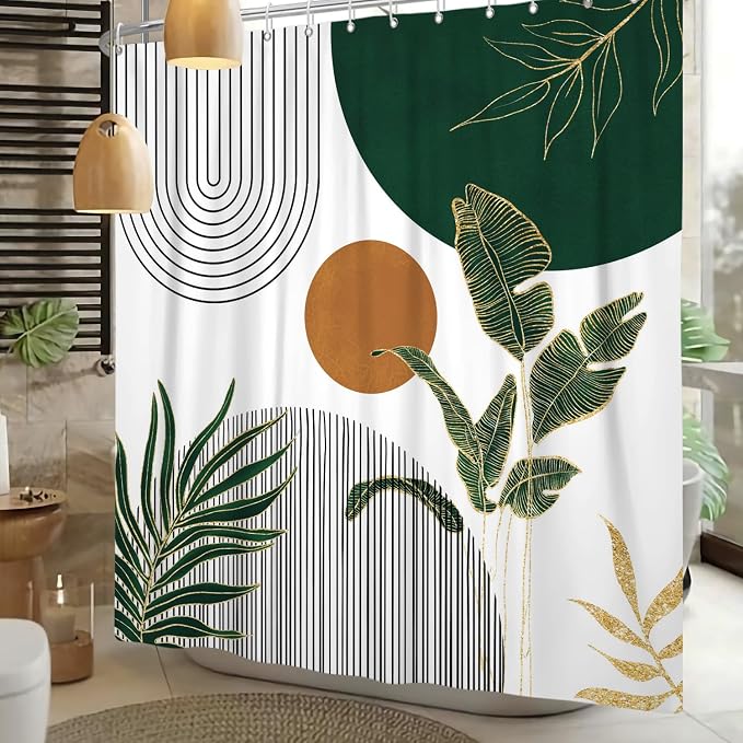 Mid Century Boho Shower Curtain, Abstract Modern Sun Minimalist Aesthetic Shower Curtain, Bohemian Geometric Arch Curve Leaves Neutral Art Fabric Bathroom Curtains Green 48x72 inch
