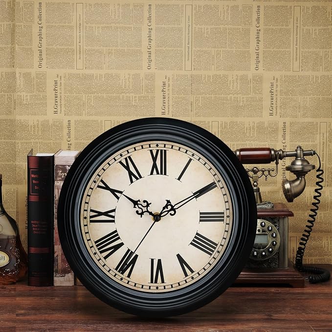 Plumeet Retro Wall Clock, 12'' Non Ticking Classic Silent Vintage Wall Clocks Decorative Kitchen Living Room Bedroom, Roman Numerals, Battery Operated, Black