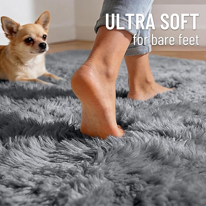 OLANLY Light Grey Round Rugs for Bedroom - Machine Washable, 3 ft Circle Area Rugs for Living Room, Soft and Fluffy Shaggy Carpet for Teen Girls and Boys, Nursery Rooms, Dorms, Home Decor Aesthetic