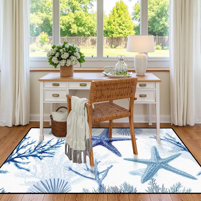 Coastal Starfish Rug 4'x6' Blue Ocean Area Rug Coral Seashell Floor Mat Washable Low Pile Carpet for Bedroom Living Room Kitchen Nursery Playroom Home Decor