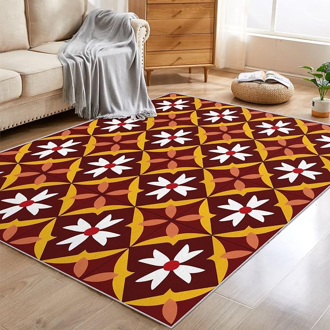 Geometric Flower Rugs for Home Decor, 5x7 ft, Mid Century Modern Area Rugs for Living Room, Soft Non Slip Washable Retro Floral Carpet Bedroom Decorations Dt-Ghf-69