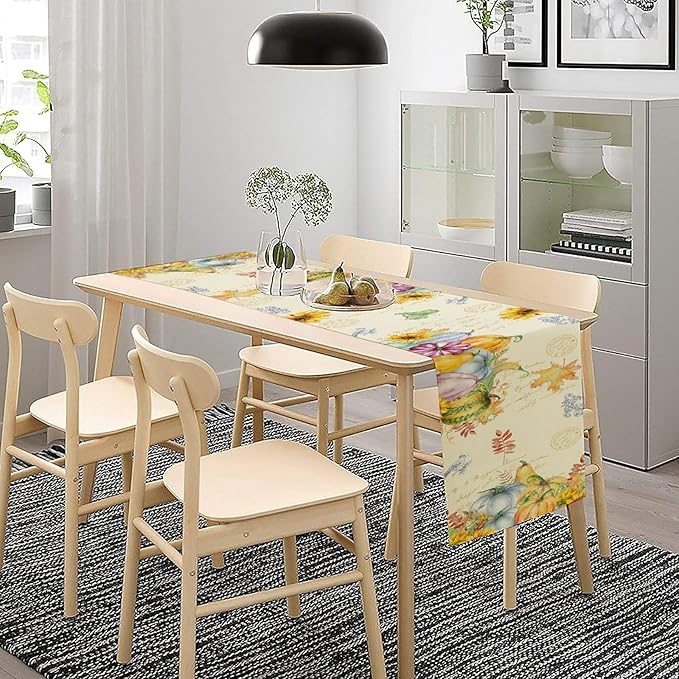 Fall Table Runner Watercolor Pumpkins Sunflowers Maple Leaves Baroque Floral Birds Country Thanksgiving Home Decor for Farmhouse Indoor Outdoor Party Holiday Dining Kitchen Restaurant Cafe W13xL36in