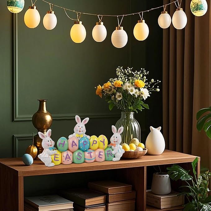 DR.DUDU Easter Decorations Eggs Bunny, Hand-Painted Resin Tabletop Centerpiece, Decor Bunny Figurine for Home Room Table Office Party (Happy Easter)