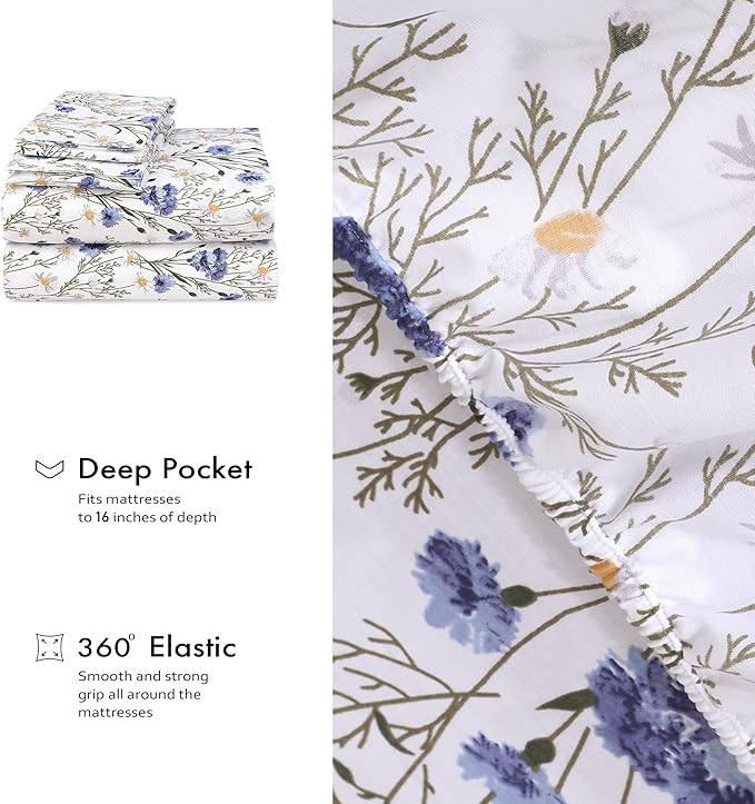 RUVANTI 100% Cotton Twin Sheets Set, 3 Pieces, Soft & Breathable Percale Weave Bedding, Deep Pocket 16", Hotel Standard, Crisp Cool Feel, Durable, Perfect Floral Bed Sheet, Sweet Pea