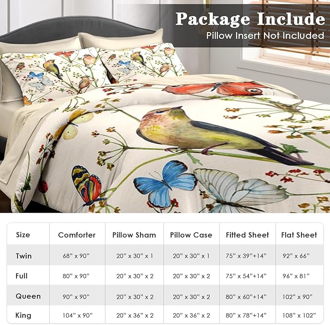Comforter Set Full Size, Vintage Birds Butterfly Colorful 7 Pcs Bedding for Kids and Adults, Beige Spring Floral Bed Sheet Sets with Fitted Sheet 2 Pillowcase & 2 Sham for Bedroom Bed Decor