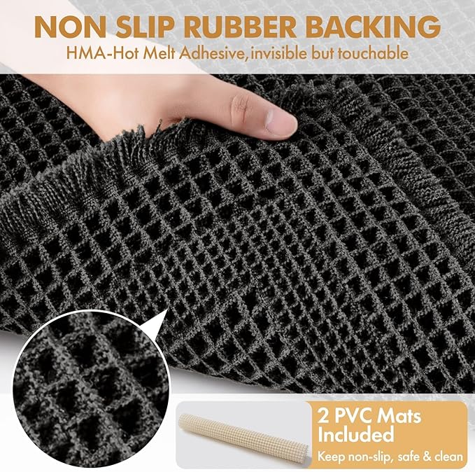 MIULEE Set of 2 Waffle Bathroom Rugs, Boho Bath Rug Super Absorbent, Non Slip Washable Ultra Soft Rubber Backed Shower Bath Mats for Floor, Tub, Shower, Looped Design, Black, 17"x24"+18"x30"