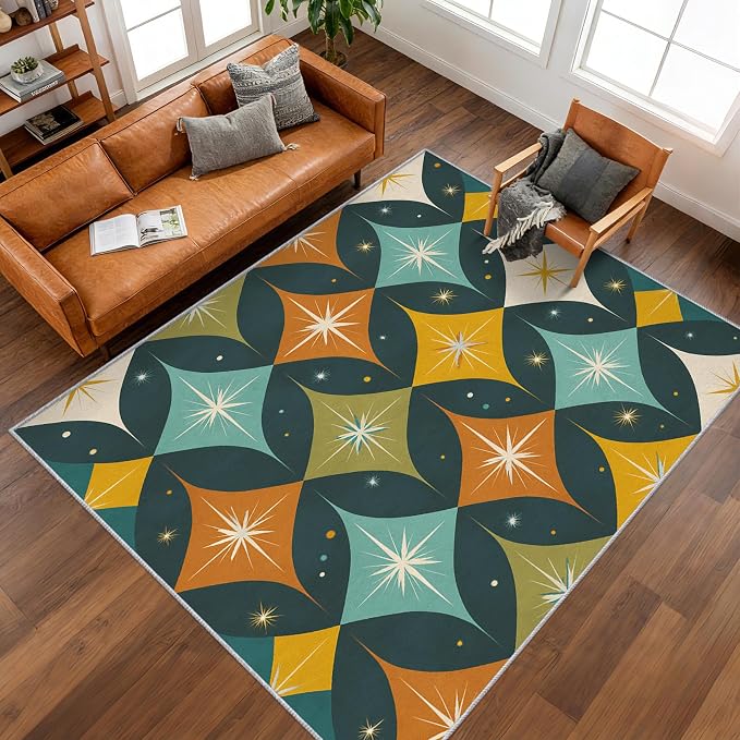 Mid Century Modern Rugs for Bedroom 7x9 ft, MCM Atomic Area Rugs for Living Room, Washable Non Slip Low Pile Abstract Geometric Carpet, Home Decor PF-P 107