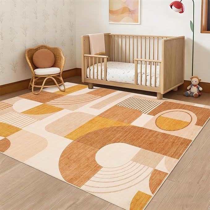 Area Rugs for Living Room, Boho Geometric Washable Rug for Bedroom Entryway Soft Low Pile Non-Slip Indoor Rugs for Dining Room Dorm Girls Playroom, Orange Multi, 5'x7'