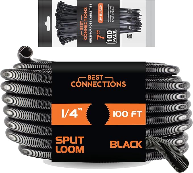 BEST CONNECTIONS 100 Ft – 1/4" Diameter Split Wire Loom Flex-Guard Convoluted Tubing with 100 Pcs x 7" Nylon Cable Zip Ties – Protective Split Cable Sleeves/Conduit – Black