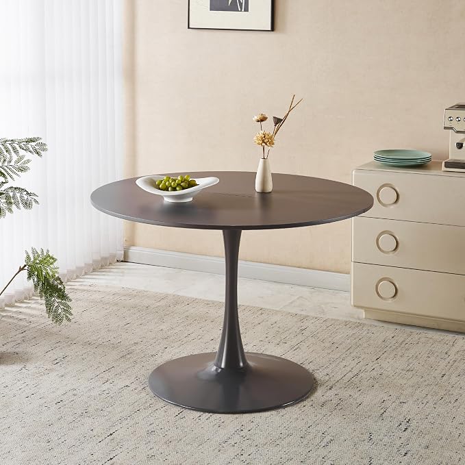 KEIKI 42.1" Round Dining Table, Mid Century Modern Bistro Table with Thickened MDF Tabletop & Metal Pedestal, for 4-6 People, Small Places, Cafe, Kitchen, Living Room, Grey