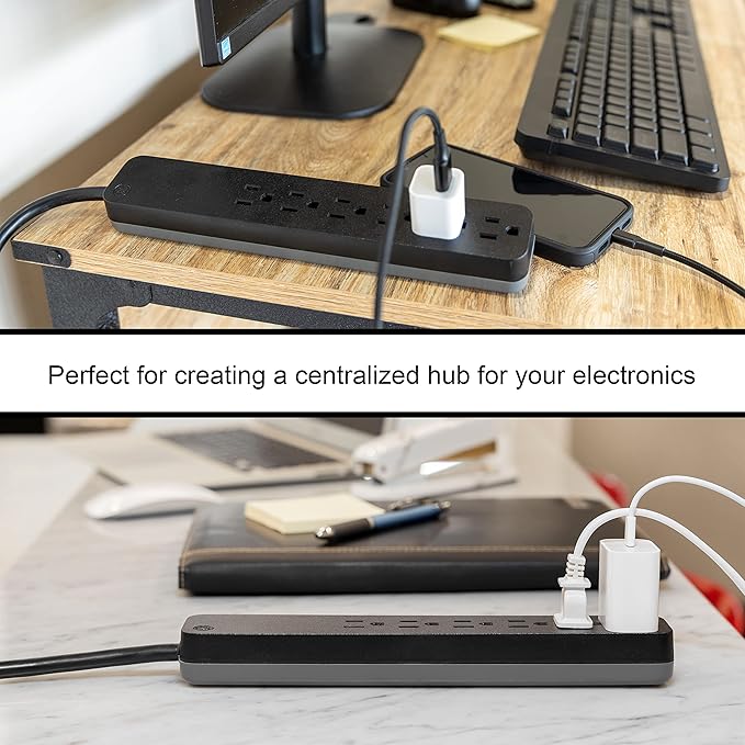 GE 6-Outlet Surge Protector, 6 Ft Extension Cord, 1080 Joules, Power Strip, Flat Plug, Integrated Circuit Breaker, Wall Mount, ETL Listed, Black, 37211