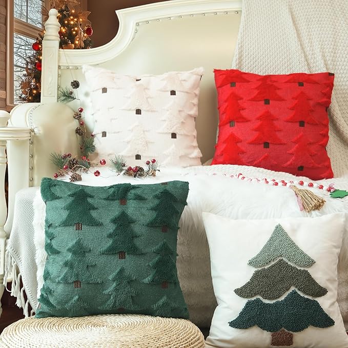 GEEORY Christmas Pillow Covers 24x24 Inch Set of 2, Christmas Decorations Xmas Tree Soft Plush Fluffy Faux Fur Decorative Throw Pillows Farmhouse Winter Cushion Case Beige Brown GC034-24