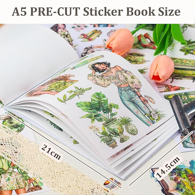 Snycler Sticker Book - 20 Sheets Vintage PET Stickers for Scrapbooking, Junk Journaling, Ephemera, and Decorative Crafts-Fresh Green