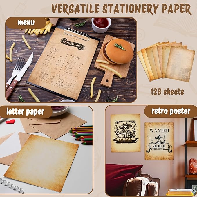 Tlenpo 128PCS Vintage Paper 8.5 x 11 in Double-sided Aged Paper for Writing Letter writing Paper, Decorative Printer Paper for Invitation, Resume, Diploma, Art, Certificate Antique, 8 Designs